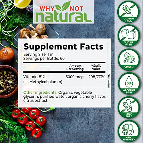 Organic Vitamin B12 Liquid - Sublingual Extra Strength 60 x 5000 mcg Drops, Methylcobalamin, Natural Cherry Flavor, Vegan, Maximize Absorption and Energy