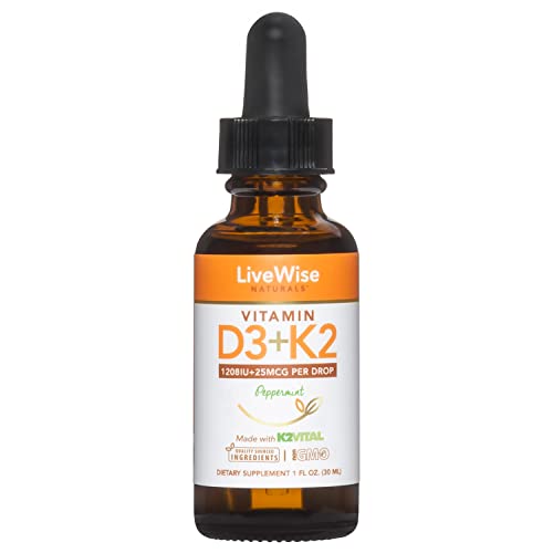 Vitamin D3 with K2 Liquid Drops, All Natural, Non GMO, 1208IU D3 and 25mcg K2 (MK7) Per Serving, Support Your Bones, Immune System and Energy Levels, with or Without Peppermint Oil…