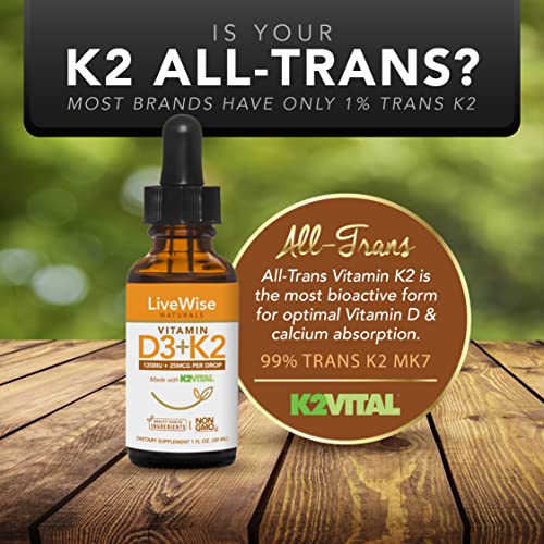 Vitamin D3 with K2 Liquid Drops, All Natural, Non GMO, 1208IU D3 and 25mcg K2 (MK7) Per Serving, Support Your Bones, Immune System and Energy Levels, with or Without Peppermint Oil…