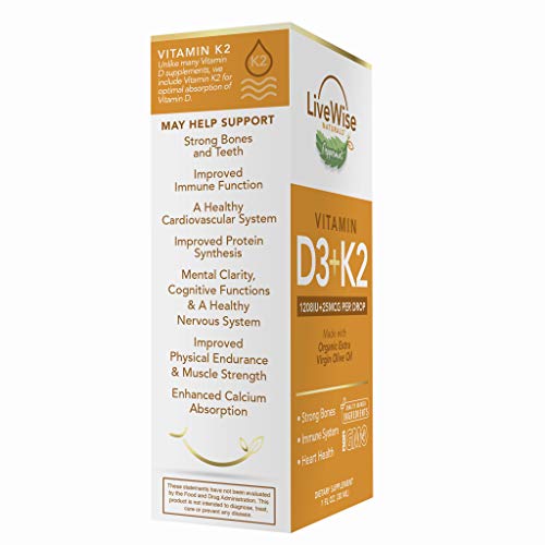 Vitamin D3 with K2 Liquid Drops, All Natural, Non GMO, 1208IU D3 and 25mcg K2 (MK7) Per Serving, Support Your Bones, Immune System and Energy Levels, with or Without Peppermint Oil…