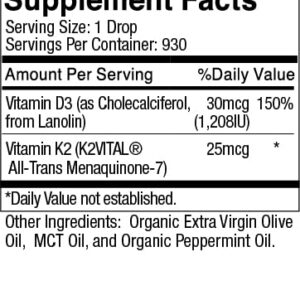 Vitamin D3 with K2 Liquid Drops, All Natural, Non GMO, 1208IU D3 and 25mcg K2 (MK7) Per Serving, Support Your Bones, Immune System and Energy Levels, with or Without Peppermint Oil…