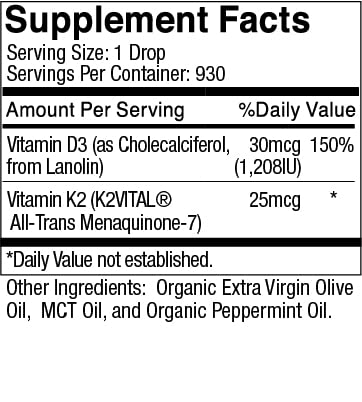 Vitamin D3 with K2 Liquid Drops, All Natural, Non GMO, 1208IU D3 and 25mcg K2 (MK7) Per Serving, Support Your Bones, Immune System and Energy Levels, with or Without Peppermint Oil…