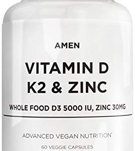 Amen Vitamin D, K2 & Zinc, Cholecalciferol D3 5000 IU, Organic Whole Food Blend with Apple, Blueberry, Cranberry, Elderberry Powder Fruits, Vegan Supplement, D3 K2 Vitamins, Non-GMO - 60 Capsules