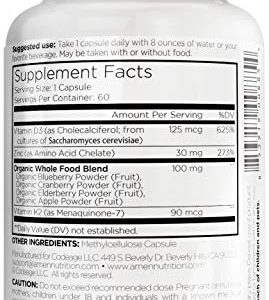 Amen Vitamin D, K2 & Zinc, Cholecalciferol D3 5000 IU, Organic Whole Food Blend with Apple, Blueberry, Cranberry, Elderberry Powder Fruits, Vegan Supplement, D3 K2 Vitamins, Non-GMO - 60 Capsules