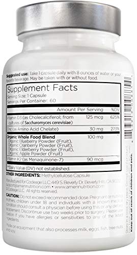 Amen Vitamin D, K2 & Zinc, Cholecalciferol D3 5000 IU, Organic Whole Food Blend with Apple, Blueberry, Cranberry, Elderberry Powder Fruits, Vegan Supplement, D3 K2 Vitamins, Non-GMO - 60 Capsules