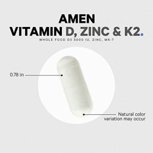 Amen Vitamin D, K2 & Zinc, Cholecalciferol D3 5000 IU, Organic Whole Food Blend with Apple, Blueberry, Cranberry, Elderberry Powder Fruits, Vegan Supplement, D3 K2 Vitamins, Non-GMO - 60 Capsules