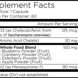 Amen Vitamin D, K2 & Zinc, Cholecalciferol D3 5000 IU, Organic Whole Food Blend with Apple, Blueberry, Cranberry, Elderberry Powder Fruits, Vegan Supplement, D3 K2 Vitamins, Non-GMO - 60 Capsules