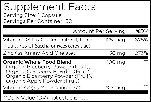 Amen Vitamin D, K2 & Zinc, Cholecalciferol D3 5000 IU, Organic Whole Food Blend with Apple, Blueberry, Cranberry, Elderberry Powder Fruits, Vegan Supplement, D3 K2 Vitamins, Non-GMO - 60 Capsules