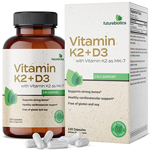 Futurebiotics Vitamin K2 (MK7) with D3 Supplement - Non-GMO Formula - 5000 IU Vitamin D3 & 90 mcg Vitamin K2 MK-7, 120 Vegetarian Capsules