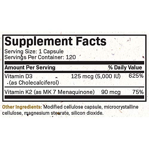 Futurebiotics Vitamin K2 (MK7) with D3 Supplement - Non-GMO Formula - 5000 IU Vitamin D3 & 90 mcg Vitamin K2 MK-7, 120 Vegetarian Capsules