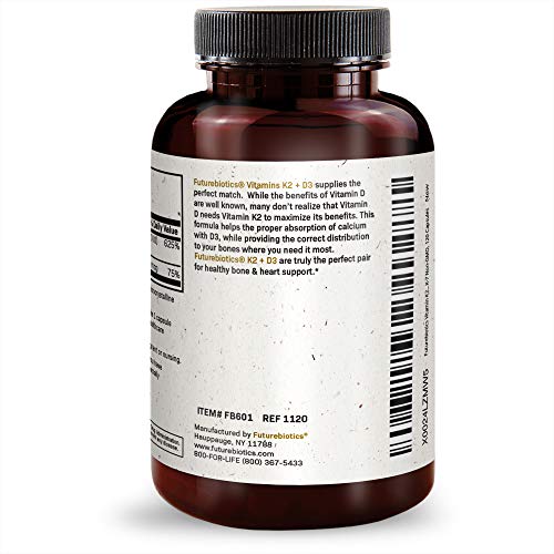 Futurebiotics Vitamin K2 (MK7) with D3 Supplement - Non-GMO Formula - 5000 IU Vitamin D3 & 90 mcg Vitamin K2 MK-7, 120 Vegetarian Capsules