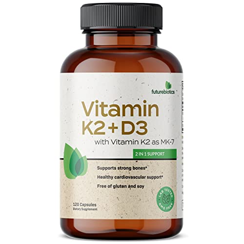 Futurebiotics Vitamin K2 (MK7) with D3 Supplement - Non-GMO Formula - 5000 IU Vitamin D3 & 90 mcg Vitamin K2 MK-7, 120 Vegetarian Capsules