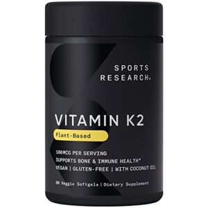 sports research vitamin k2 as mk7 with organic coconut oil | made with menaq7 from fermented chickpea | non-gmo verified, vegan certified (60 veggie-softgels)