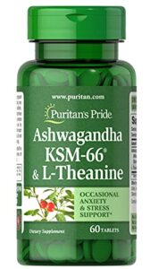 puritans pride ashwangandha ksm66 & l-theanine, helps relieve occassional stress and anxiety, 60 count, white