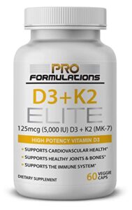 pro formulations md d3 + k2 elite – vitamin d3 (5,000 iu) + vitamin k2 (mk-7) – 60 day supply – high-potency, bioavailable mk-7