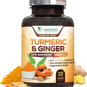 Turmeric Curcumin with BioPerine & Ginger 95% Standardized Curcuminoids 1950mg - Black Pepper for Max Absorption, Natural Joint Support, Nature's Tumeric Extract Supplement Non-GMO - 120 Capsules