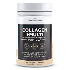 livingood daily vanilla collagen powder, 30 servings – collagen protein powder (collagen type 1 and 3) plus multivitamin, milk thistle & glucosamine – hydrolyzed collagen peptides – 15.87oz