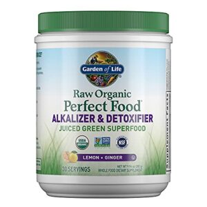 garden of life raw organic perfect food alkalizer & detoxifier juiced greens superfood powder – lemon ginger, 30 servings – non-gmo, gluten free whole food dietary supplement, plus probiotics