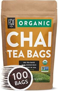 organic chai tea bags | 100 tea bags | blend of chinese keemun tea, indian assam tea, cinnamon, cardamom, cloves, ginger, black pepper | eco-conscious tea bags in kraft bag | blended in usa | by fgo