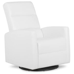 evolur reevo upholstered faux leather seating glider swivel, rocker, glider chair for nursery in white, modern nursery glider, tool-free assembly, easy to clean, environmentally conscious rocker