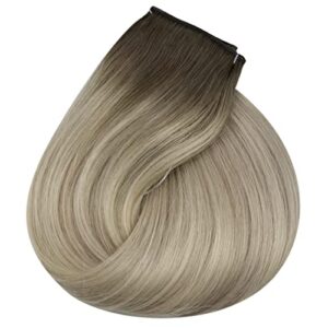 Sunny Invisible Wire Hair Extensions Balayage Light Ash Brown Faded to Blonde Highlights Platinum Blonde Invisible Line Hair Extensions Human Hair Ombre Hairpiece Extensions 80g 16inch