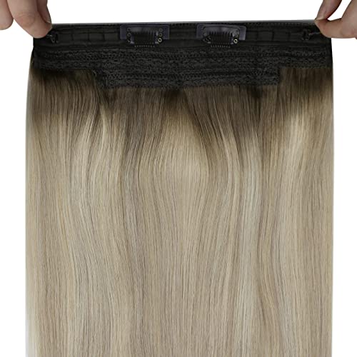 Sunny Invisible Wire Hair Extensions Balayage Light Ash Brown Faded to Blonde Highlights Platinum Blonde Invisible Line Hair Extensions Human Hair Ombre Hairpiece Extensions 80g 16inch