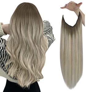 sunny invisible wire hair extensions balayage light ash brown faded to blonde highlights platinum blonde invisible line hair extensions human hair ombre hairpiece extensions 80g 16inch