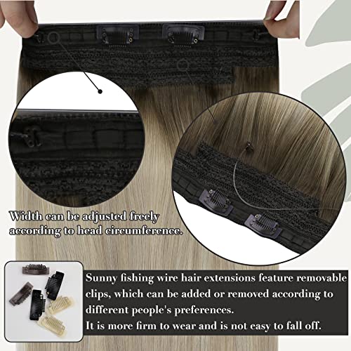 Sunny Invisible Wire Hair Extensions Balayage Light Ash Brown Faded to Blonde Highlights Platinum Blonde Invisible Line Hair Extensions Human Hair Ombre Hairpiece Extensions 80g 16inch