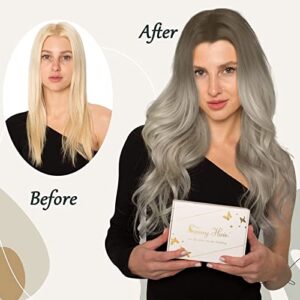 Sunny Invisible Wire Hair Extensions Balayage Light Ash Brown Faded to Blonde Highlights Platinum Blonde Invisible Line Hair Extensions Human Hair Ombre Hairpiece Extensions 80g 16inch