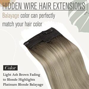 Sunny Invisible Wire Hair Extensions Balayage Light Ash Brown Faded to Blonde Highlights Platinum Blonde Invisible Line Hair Extensions Human Hair Ombre Hairpiece Extensions 80g 16inch
