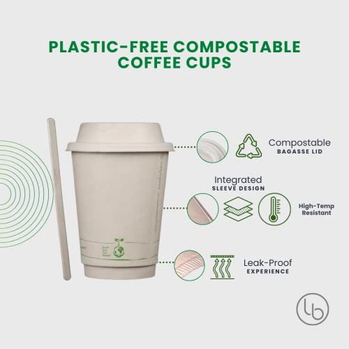 12oz Certified Compostable Coffee Cups by Living Balance | 75 cups with Bagasse Lids, Stirrers, and Integrated Sleeves