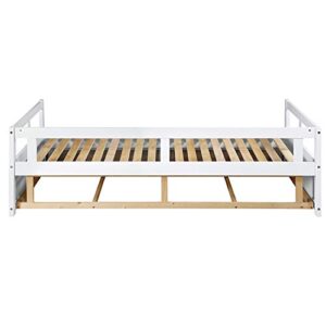 Wooden Daybed Extendable Bed with Two Storage Drawers, Sofa Bed for Bedroom Living Room, Twin/King Size (White with Drawers)