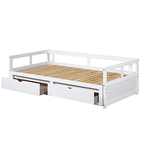 Wooden Daybed Extendable Bed with Two Storage Drawers, Sofa Bed for Bedroom Living Room, Twin/King Size (White with Drawers)