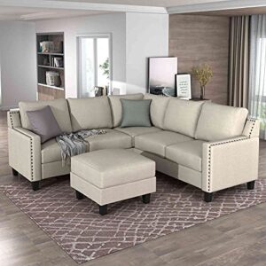 tulib symmetrical sectional sofa with ottoman, l-shaped rivet modern upholstered couch set with cushions, for living room, beige