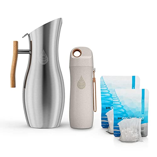 pH Vitality Stainless Steel Alkaline Water Pitcher - Alkaline Water Filter Pitcher Plus one pH Conscious 450ML Beige Wheat Straw Alkaline Water Bottle Bundle