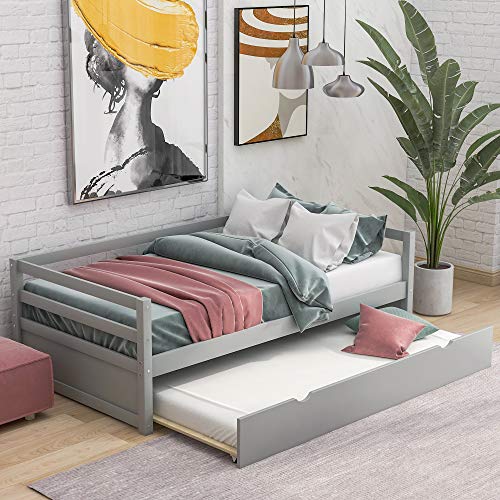 Merax Wooden Daybed FrameTwin Size,Daybed with Trundle for Bedroom Living Room,Twin (Gray)