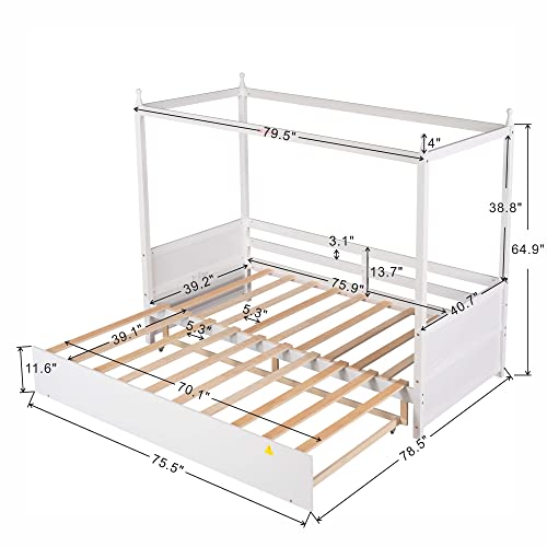 Wooden Canopy Daybed with Trundle Bed, Twin Bed to King Design Sofa Bed, 78.3" L x75.9 W Extendable Bed Daybed for Bedroom Living Room