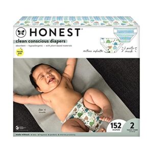the honest company clean conscious diapers | plant-based, sustainable | turtle time + dots & dashes | super club box, size 2 (12-18 lbs), 152 count