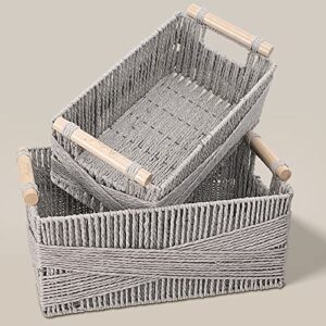 storage basket with handle, large rectangular wicker basket for organizing, decorative wicker storage basket woven basket organizers for living room, set of 2…