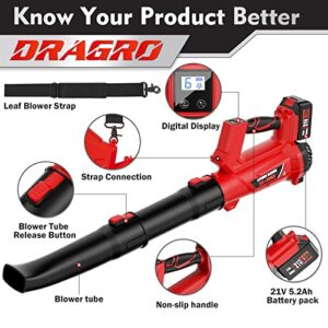 Dragro Cordless Leaf Blower, 540CFM 21V Electric Battery Powered Leaf Blower with 5.2Ah Battery, Portable Small Handheld Leaf Blowers with 6 Speed for Lawn Care, Snow Blowing-Digital Display