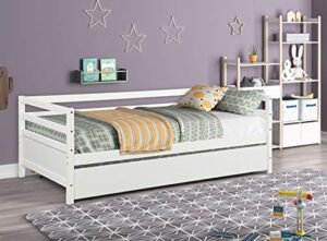 hanway twin daybed with trundle – pine wood material bed frames – elegant furniture for compact rooms – bedroom accessories ideal for small living spaces – classic white paint coating