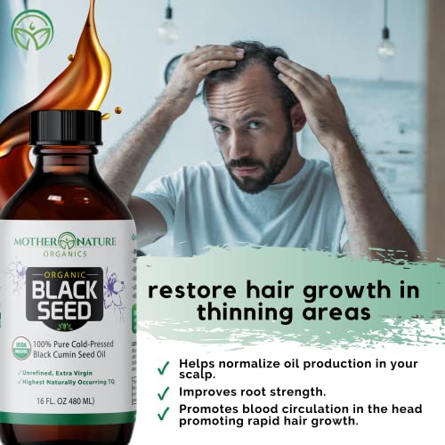 Organic Black Seed Oil Liquid 16 oz - Cold Pressed, Unrefined, Vegan Nigella Sativa Oil with High TQ & Omega 3 6 9 for Hair Growth, Skin Care, Joints Health, Boost Immune Defense & Overall Wellness