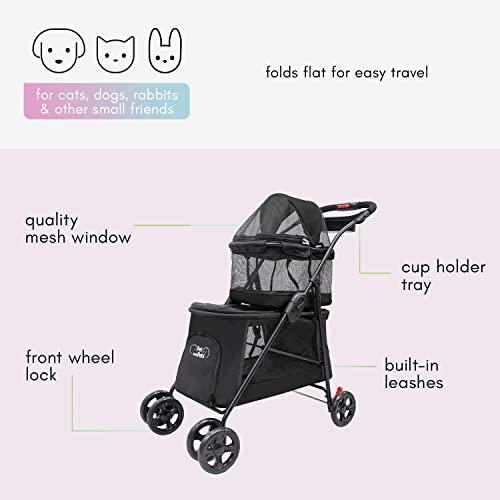 PETIQUE Double Decker Pet Stroller, Two-Level Cat and Dog Stroller, Lightweight Yet Sturdy Cat and Dog Carriage, Washable, Travel-Friendly and Easy to Fold, Sleek Black Design