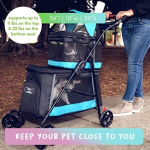 PETIQUE Double Decker Pet Stroller, Two-Level Cat and Dog Stroller, Lightweight Yet Sturdy Cat and Dog Carriage, Washable, Travel-Friendly and Easy to Fold, Sleek Black Design