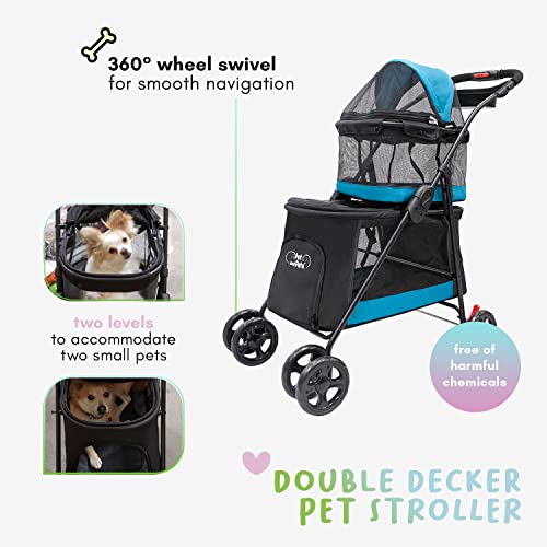 PETIQUE Double Decker Pet Stroller, Two-Level Cat and Dog Stroller, Lightweight Yet Sturdy Cat and Dog Carriage, Washable, Travel-Friendly and Easy to Fold, Sleek Black Design