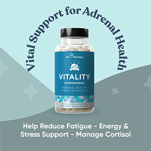 Eu Natural Vitality Adrenal Support, Cortisol Manager, Fatigue Fighter – Healthy Cortisol, Focused Energy – Ashwagandha, Magnesium, L-Tyrosine – 60 Vegetarian Soft Capsules