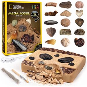 national geographic mega fossil dig kit – excavate 15 prehistoric fossils including dinosaur bones & shark teeth, educational toys, great science kit gift for girls and boys (amazon exclusive)