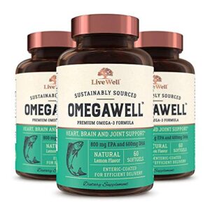 omegawell fish oil: heart, brain, and joint support | 800 mg epa 600 mg dha – natural lemon flavor, enteric-coated, sustainably sourced – easy to swallow 90 day supply