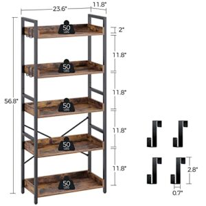 Rolanstar Bookshelf 5 Tier with 4 Hooks, Industrial Wood Bookcase, Vintage Storage Rack with Open Shelves, Rustic Standing Bookshelves Metal Frame Display Rack for Living Room, Bedroom, Rustic Brown