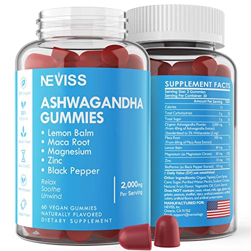 Nevissbags Ashwagandha Gummies - 2000mg - with Maca Root, Magnesium, Zinc, Lemon Balm - Vegan, Pure, Organic, Gluten Free - Healthy Stress Relief, Zzz, Stamina, Energy, Relaxation Support - 60 Counts